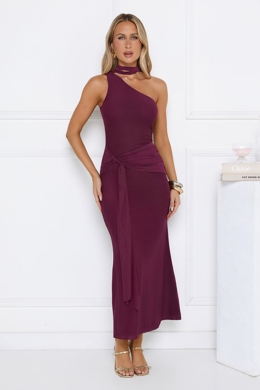 Aurora Elegance One Shoulder Mesh Maxi Dress Plum