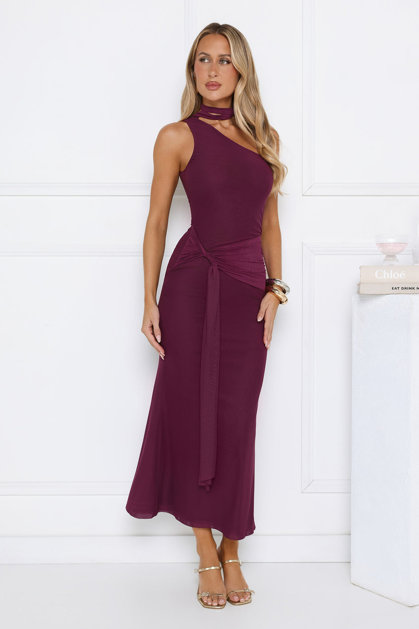 Aurora Elegance One Shoulder Mesh Maxi Dress Plum
