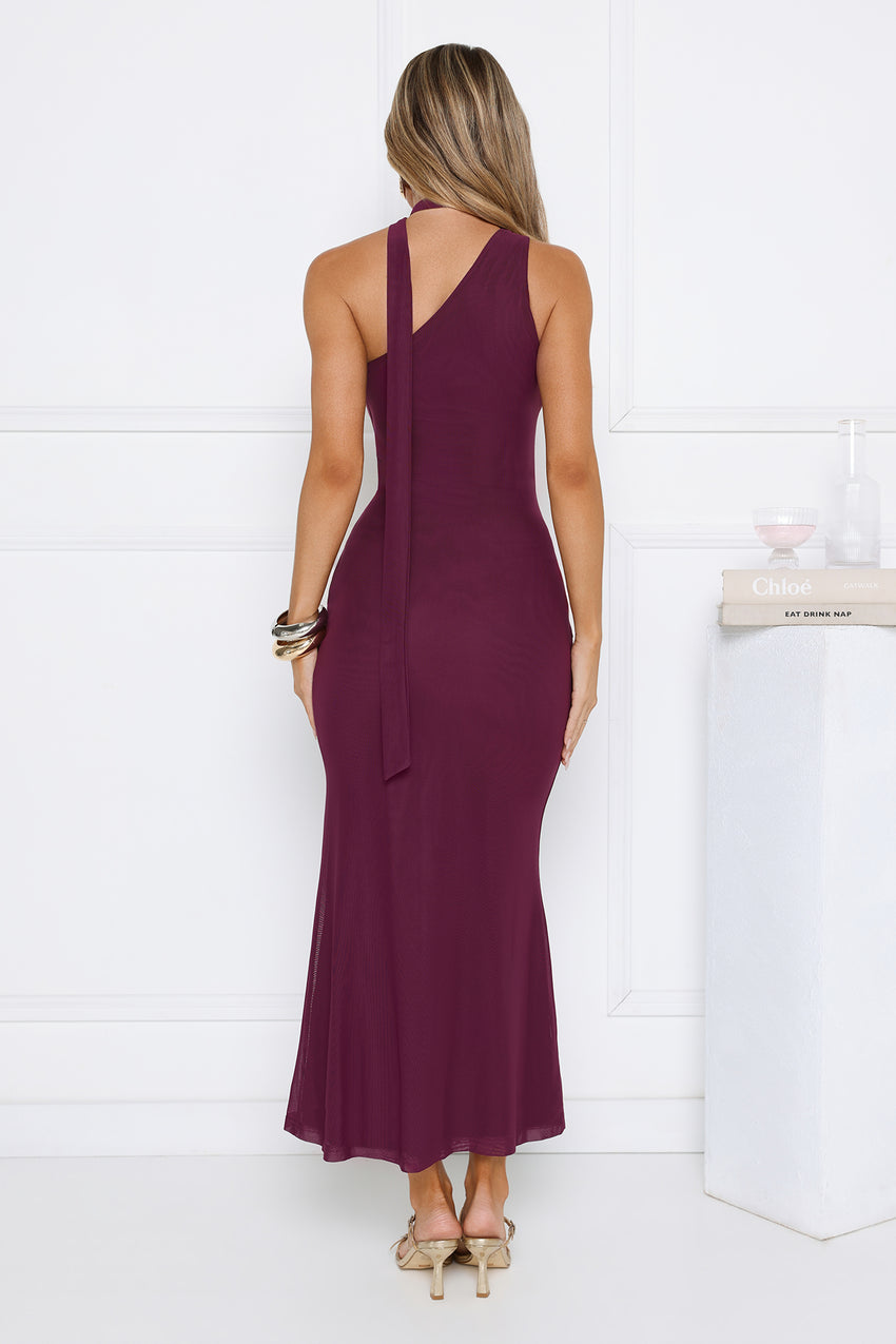Aurora Elegance One Shoulder Mesh Maxi Dress Plum