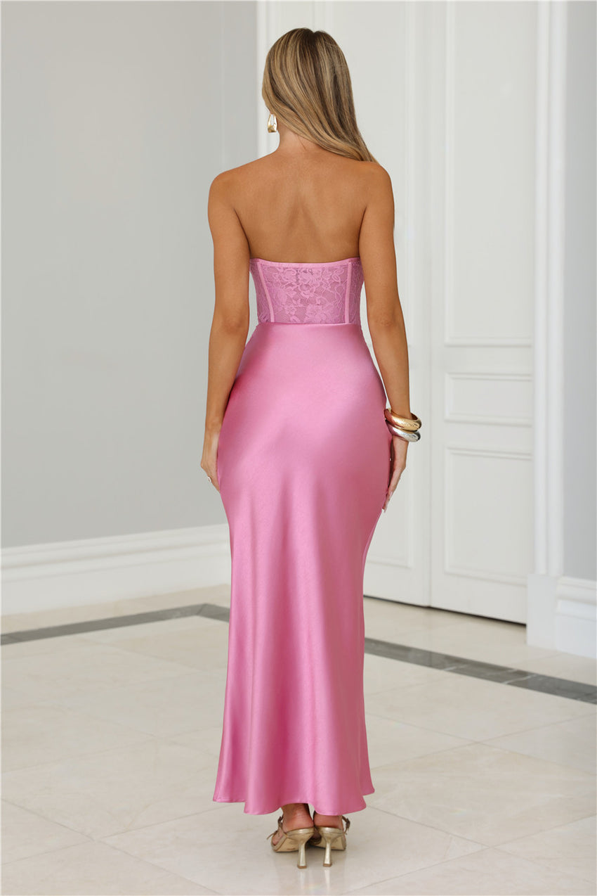 Only Lover Satin Lace Strapless Maxi Dress Pink