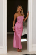 Only Lover Satin Lace Strapless Maxi Dress Pink