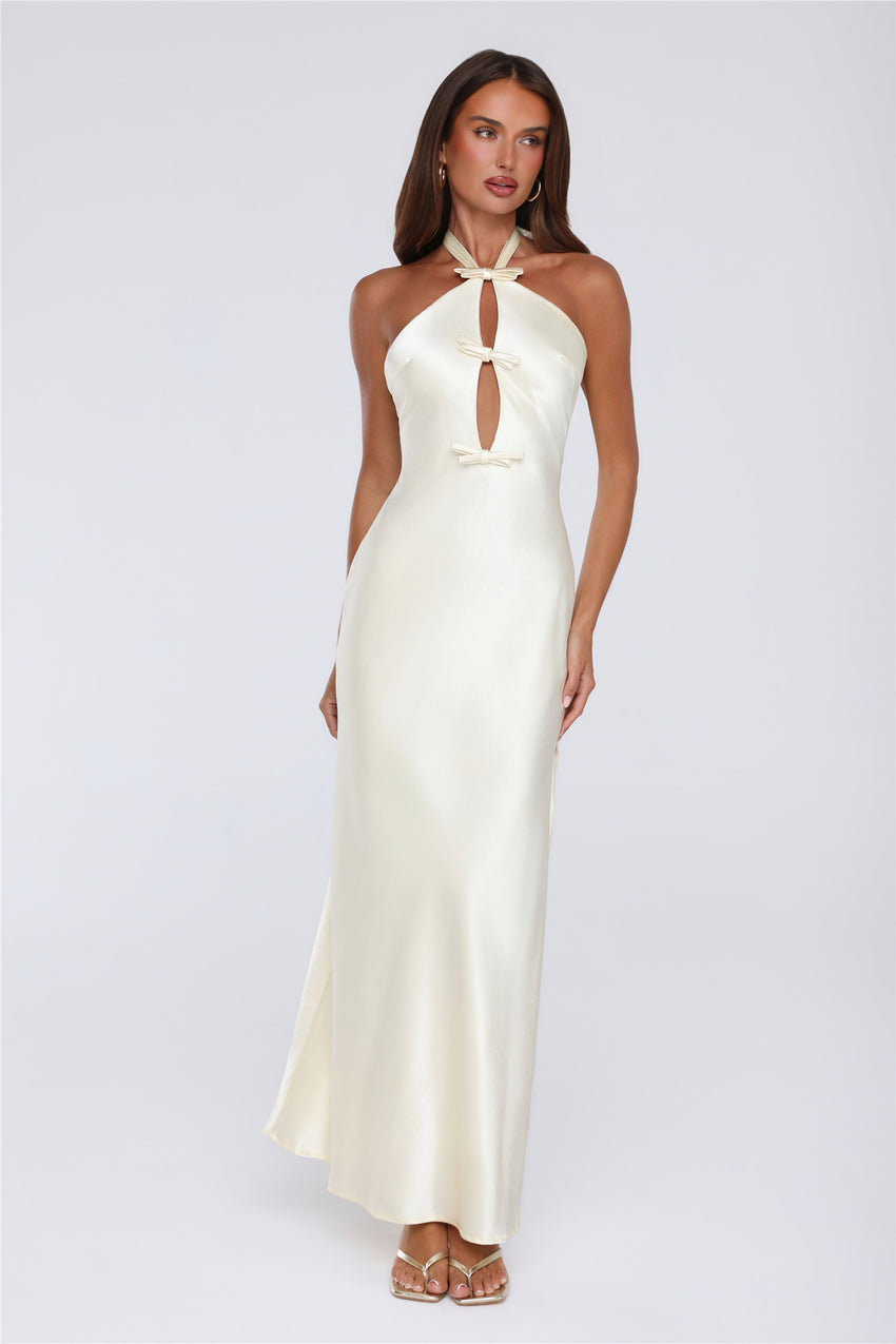 Sleek Halter Neck Cutout Satin Maxi Dress Yellow