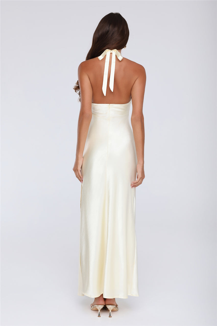 Sleek Halter Neck Cutout Satin Maxi Dress Yellow