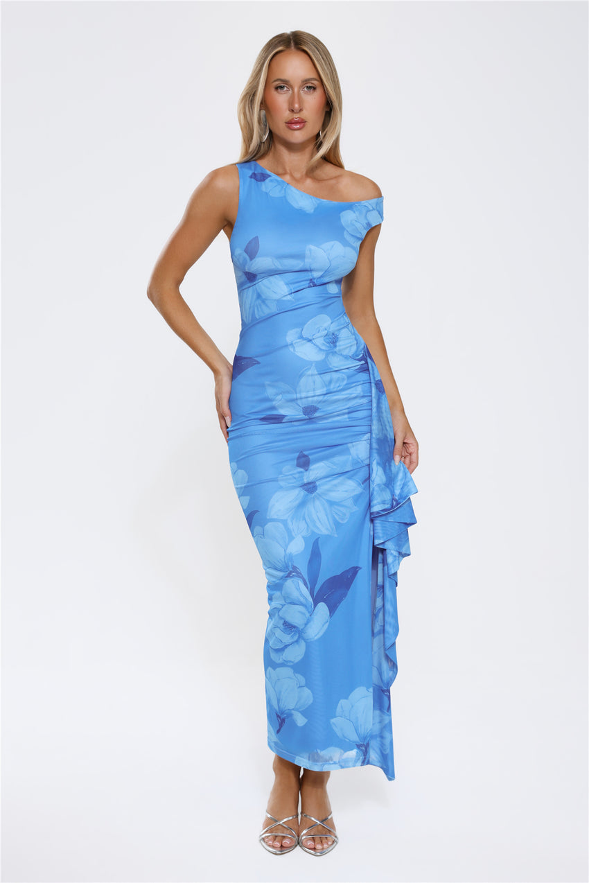 Ocean Bloom One Shoulder Mesh Maxi Dress Blue
