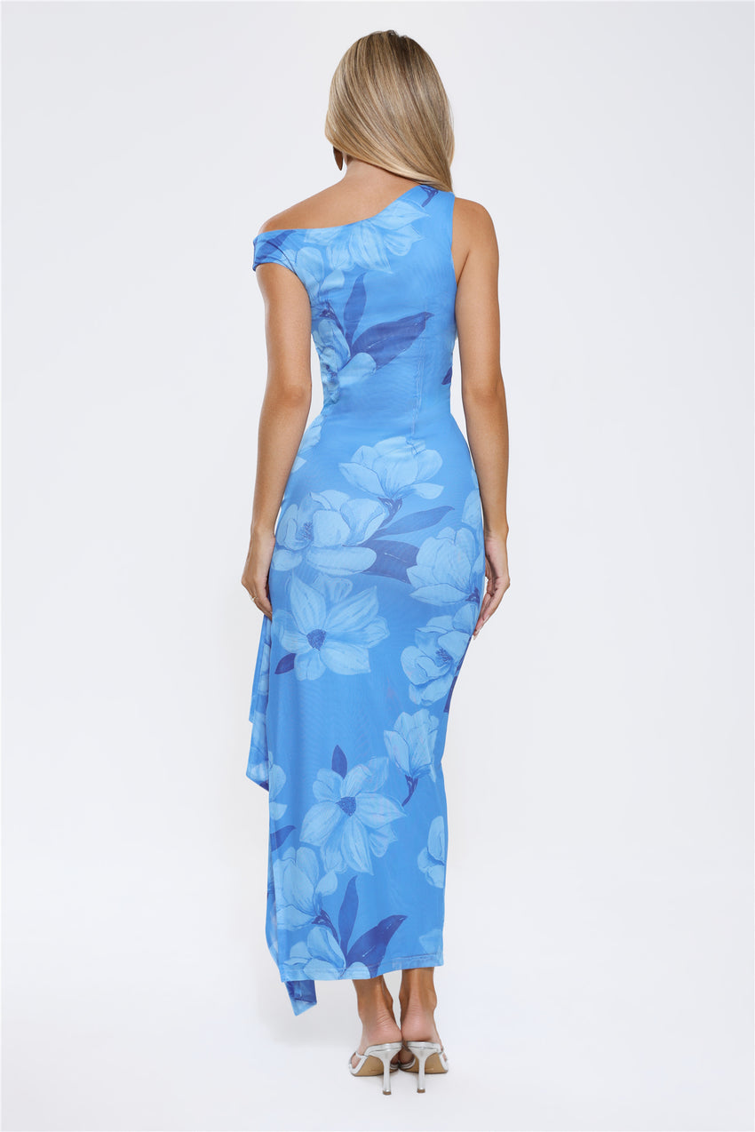 Ocean Bloom One Shoulder Mesh Maxi Dress Blue