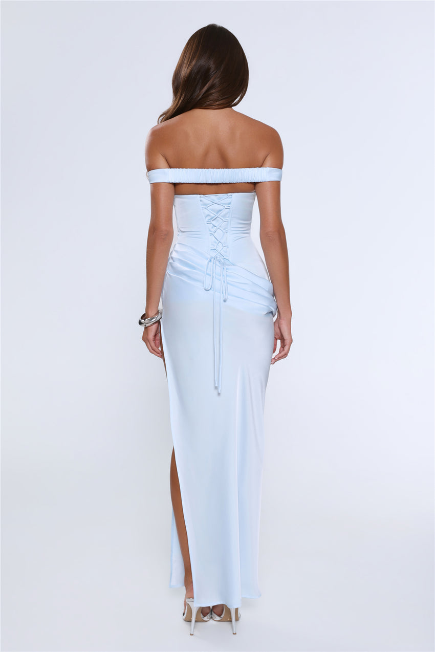 The After Party Off Shoulder Satin Maxi Dress Blue