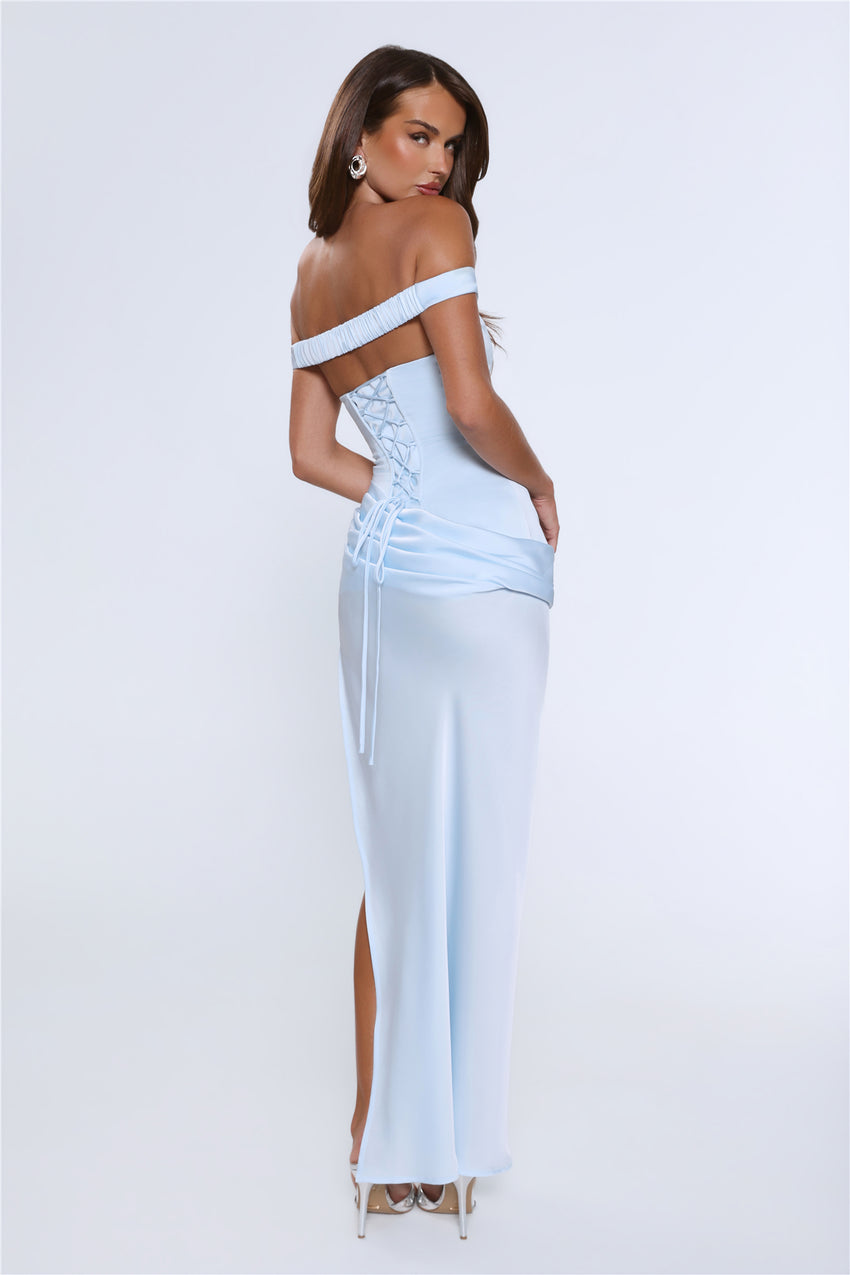 The After Party Off Shoulder Satin Maxi Dress Blue