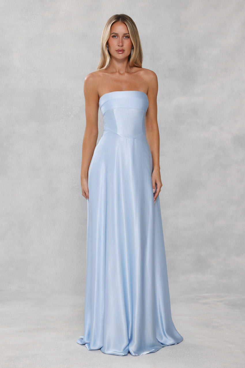The Serina Strapless Satin Maxi Dress Light Blue
