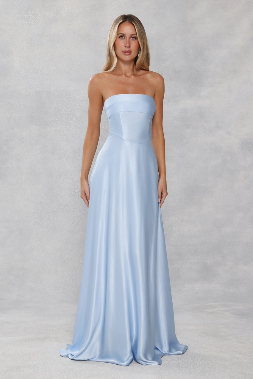 The Serina Strapless Satin Maxi Dress Light Blue