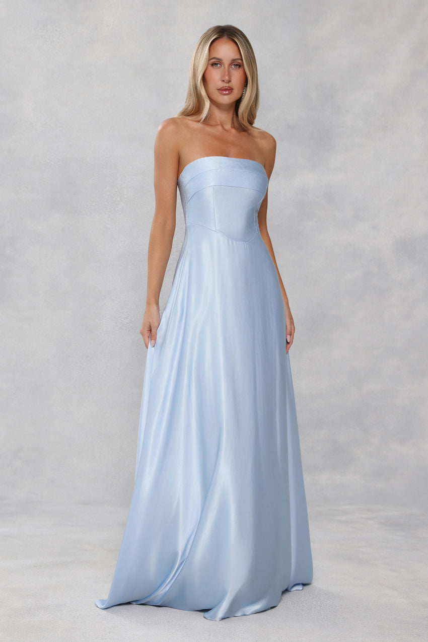The Serina Strapless Satin Maxi Dress Light Blue