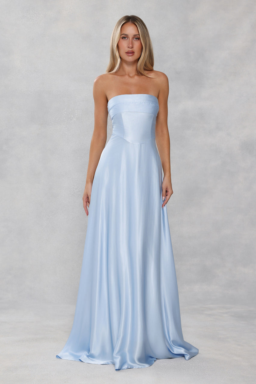 The Serina Strapless Satin Maxi Dress Light Blue