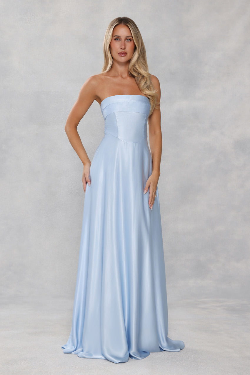 The Serina Strapless Satin Maxi Dress Light Blue