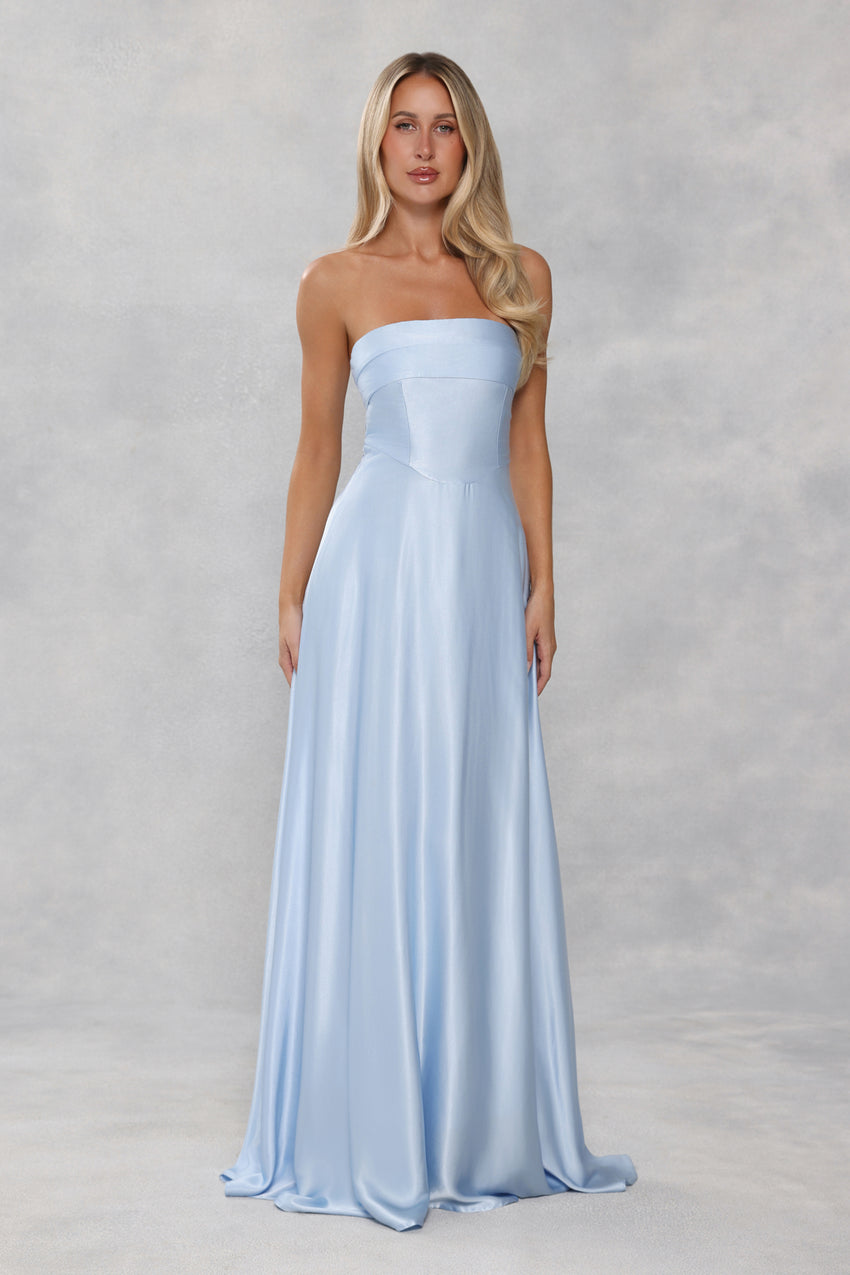The Serina Strapless Satin Maxi Dress Light Blue