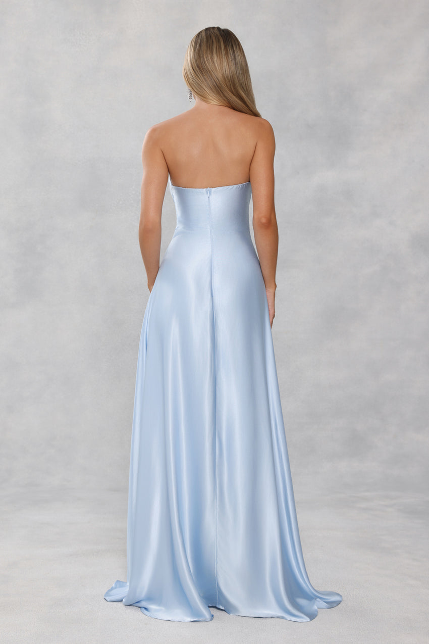 The Serina Strapless Satin Maxi Dress Light Blue