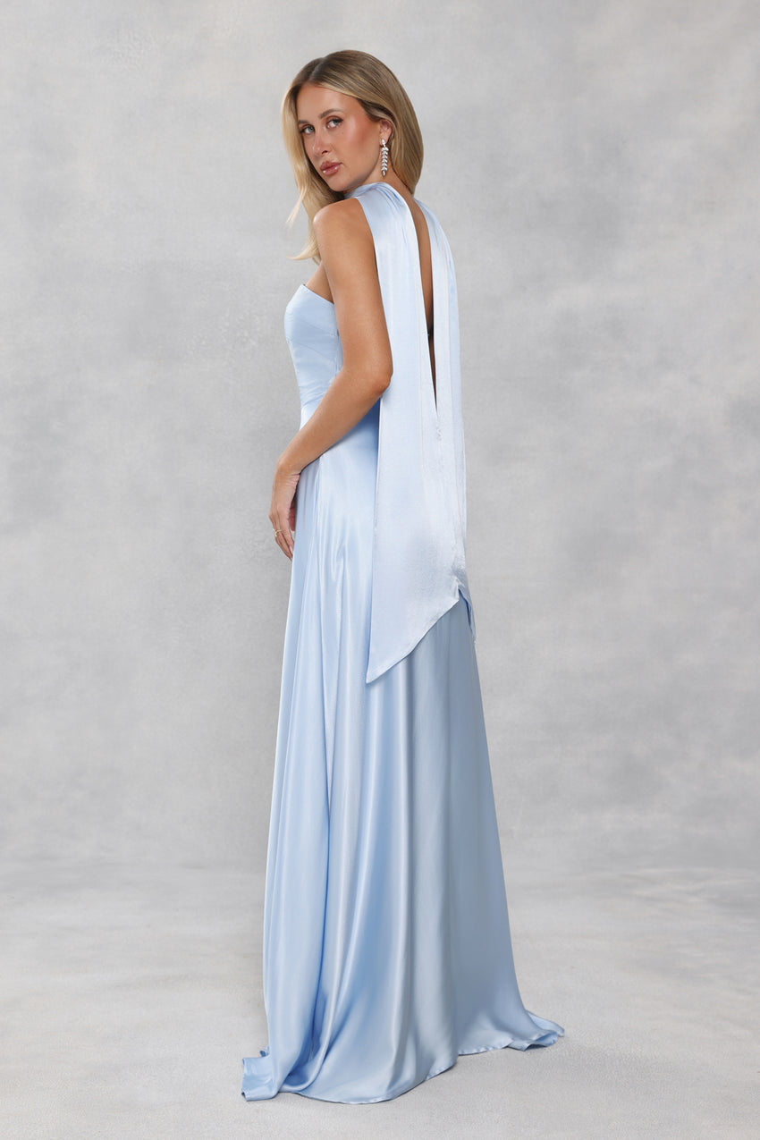 The Serina Strapless Satin Maxi Dress Light Blue