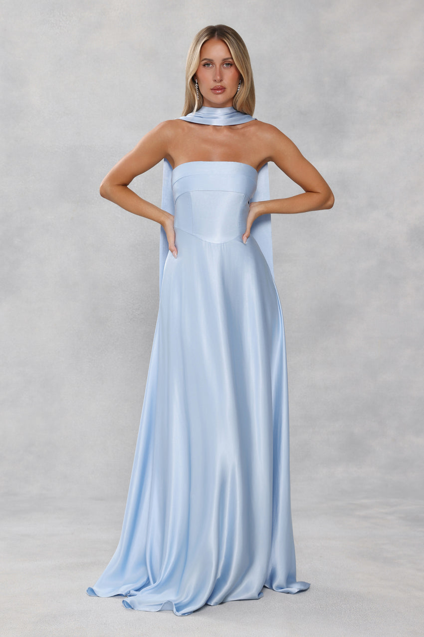 The Serina Strapless Satin Maxi Dress Light Blue