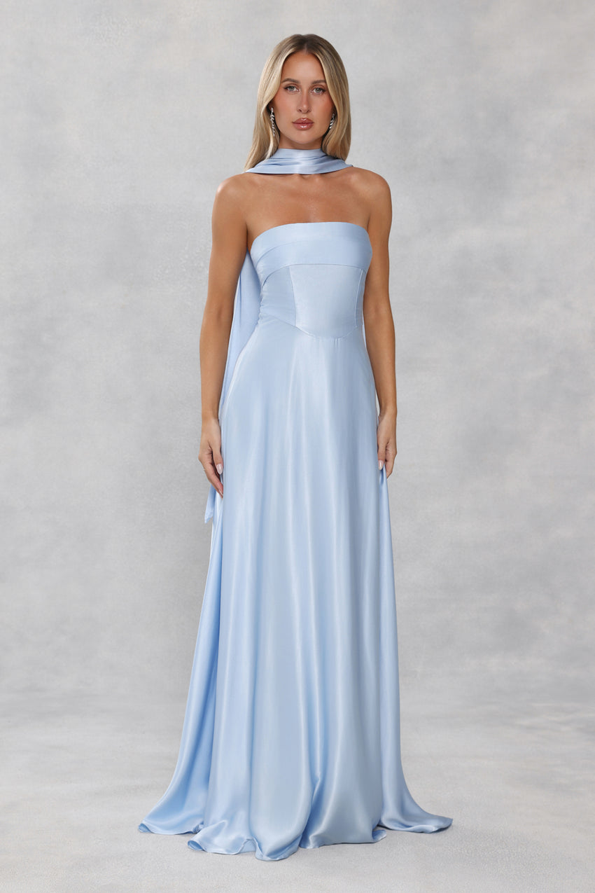 The Serina Strapless Satin Maxi Dress Light Blue