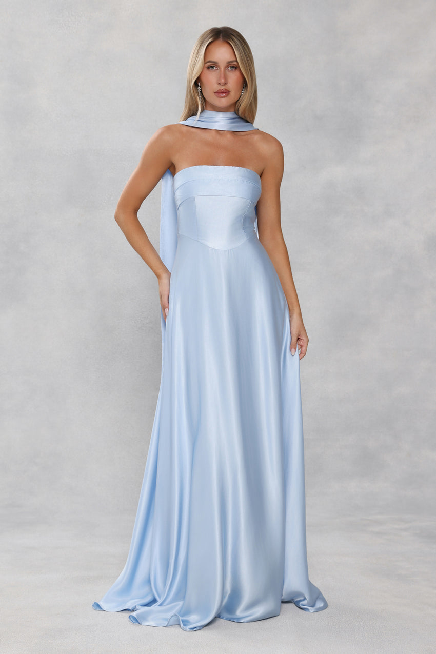 The Serina Strapless Satin Maxi Dress Light Blue