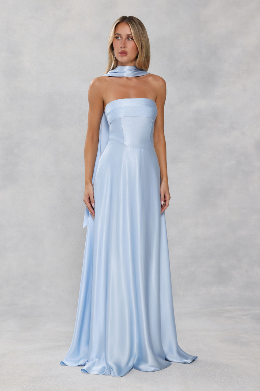 The Serina Strapless Satin Maxi Dress Light Blue