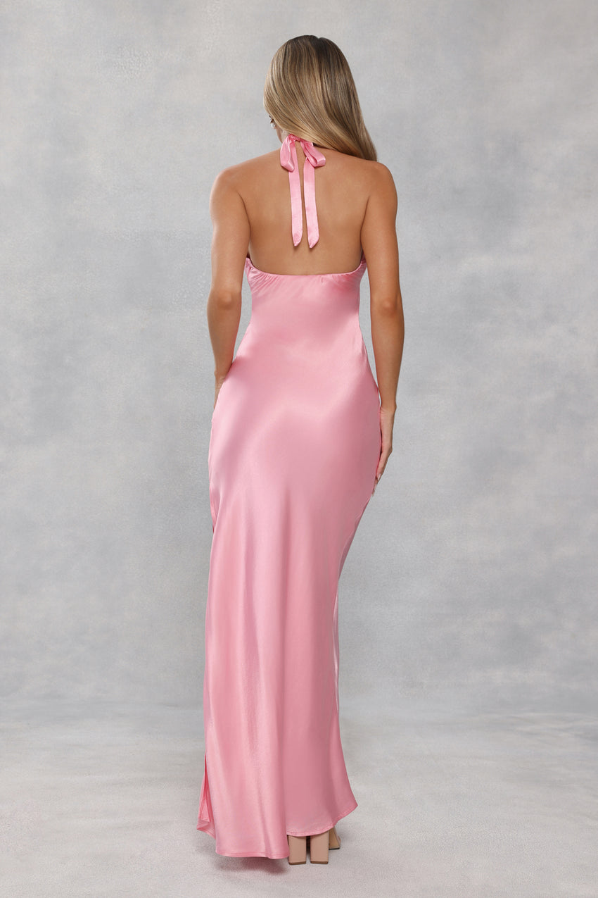 The Delilah Satin Halter Maxi Dress Candy Pink