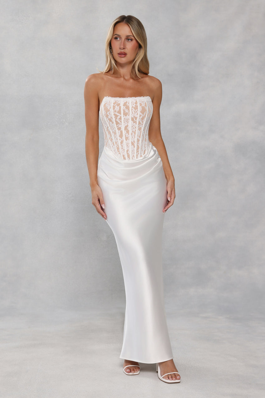 Love In Full Bloom Lace Satin Strapless Maxi Dress White