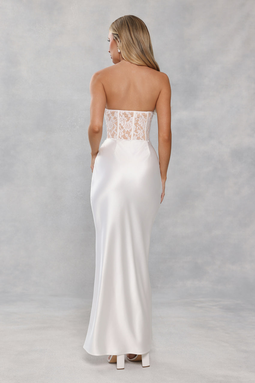 Love In Full Bloom Lace Satin Strapless Maxi Dress White