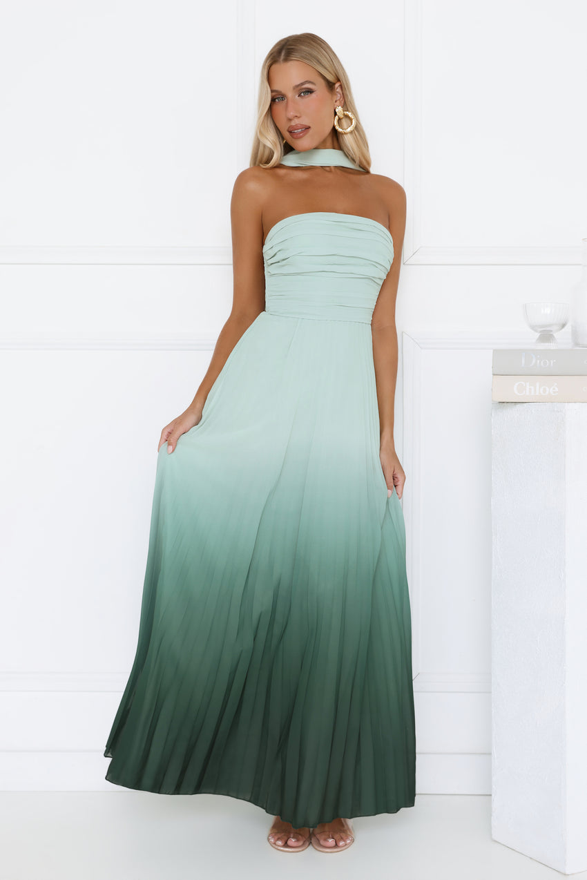 Goddess Ombre Pleated Maxi Dress Green