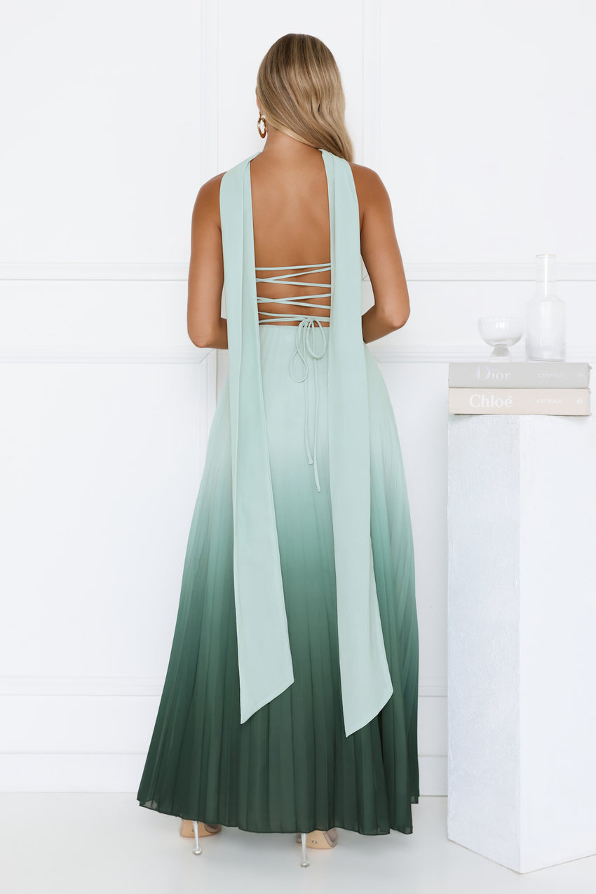 Goddess Ombre Pleated Maxi Dress Green
