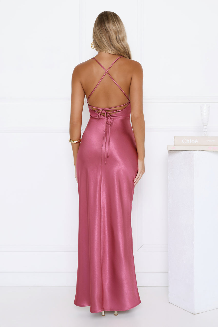Satin Lace Twist Front Crisscross Maxi Dress Berry