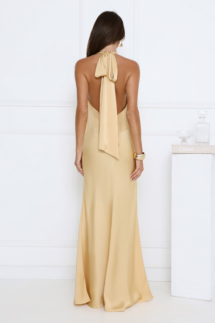 Glitz Gathering Halter Satin Maxi Dress Gold