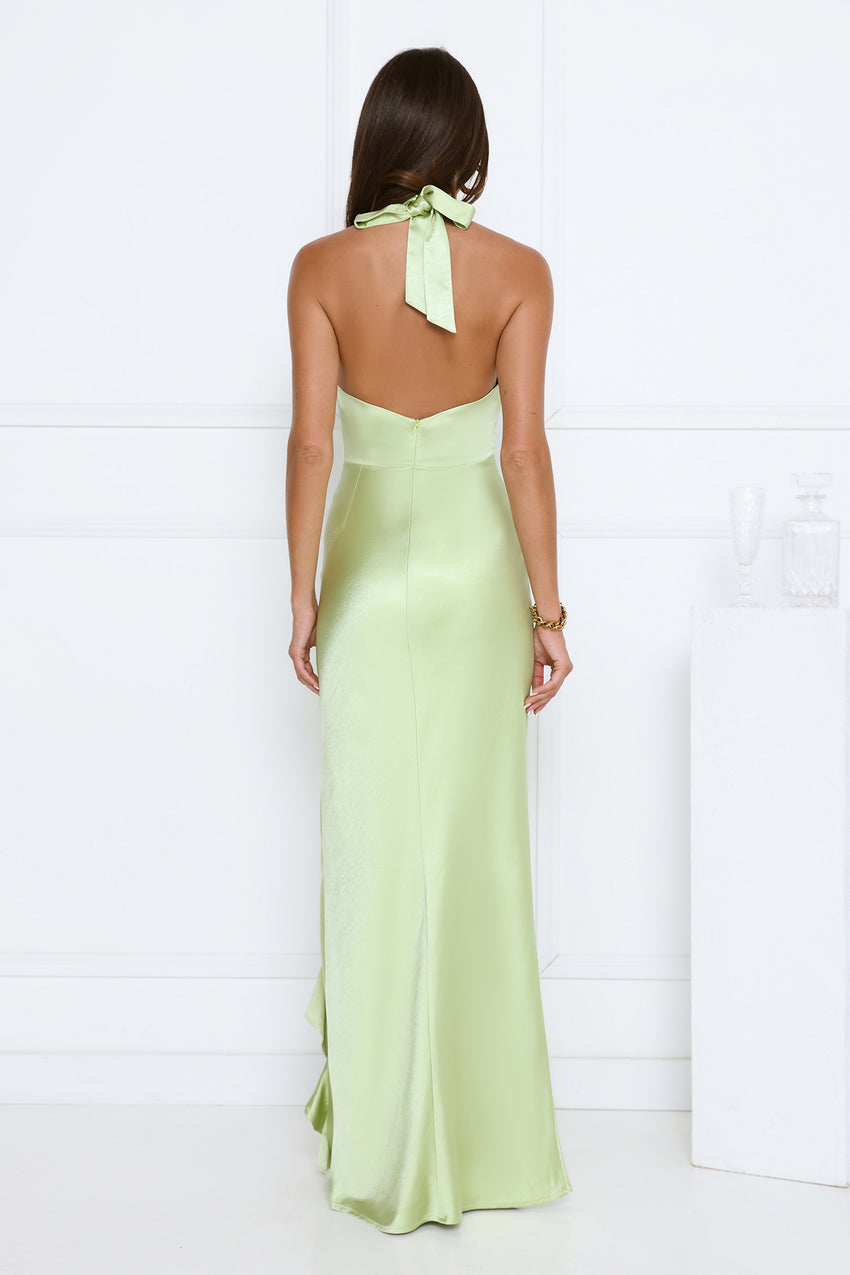 Satin Whirl Halter Maxi Dress Green