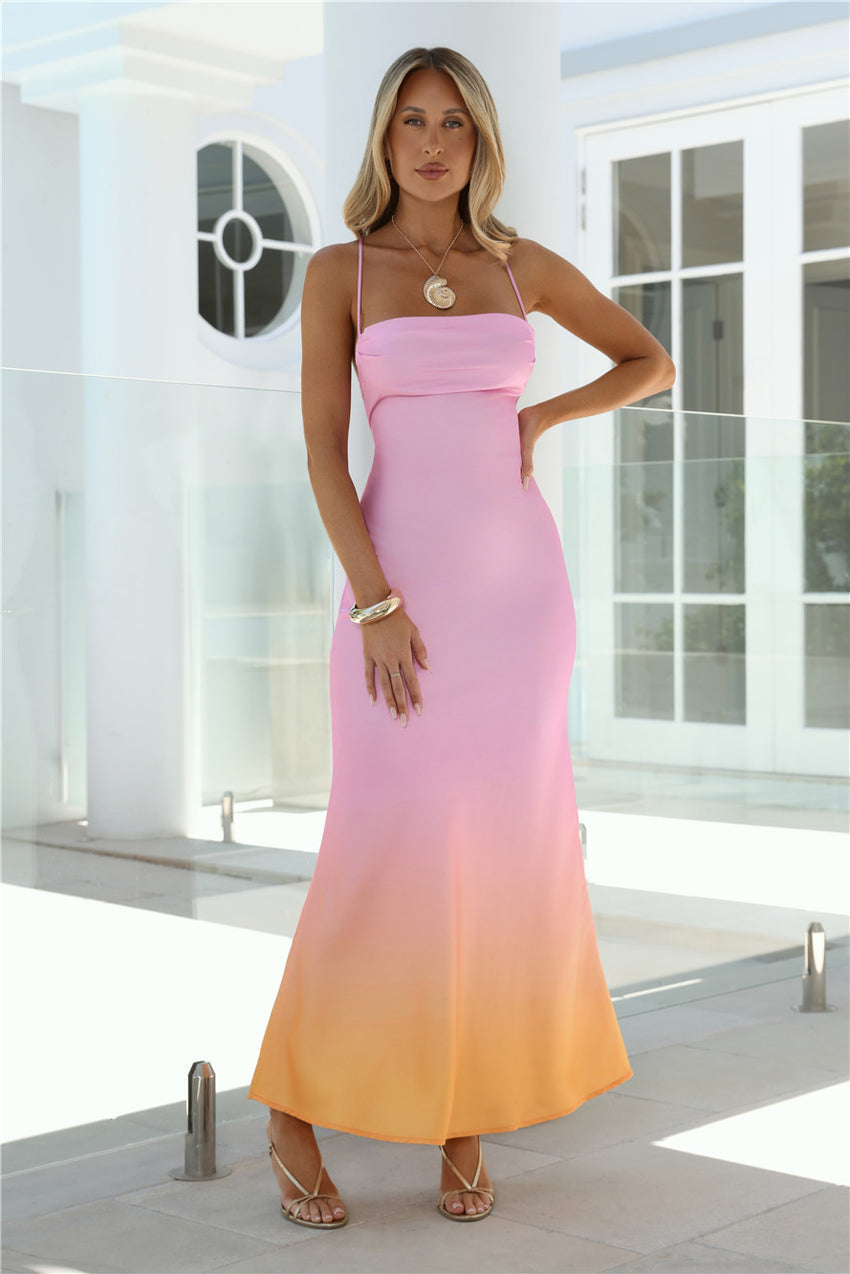 Amber Horizon Satin Maxi Dress Sunset