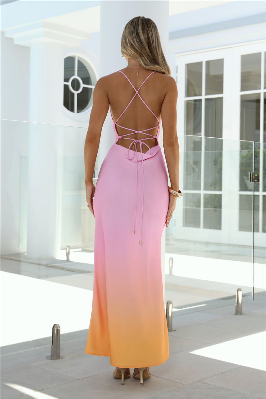 Amber Horizon Satin Maxi Dress Sunset