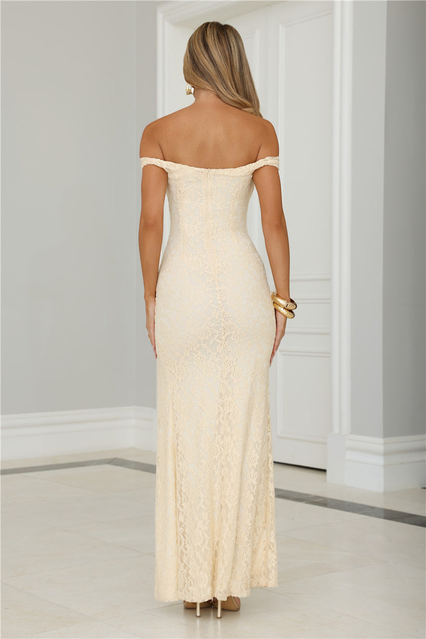 Cherished Off Shoulder Lace Maxi Dress Lemon