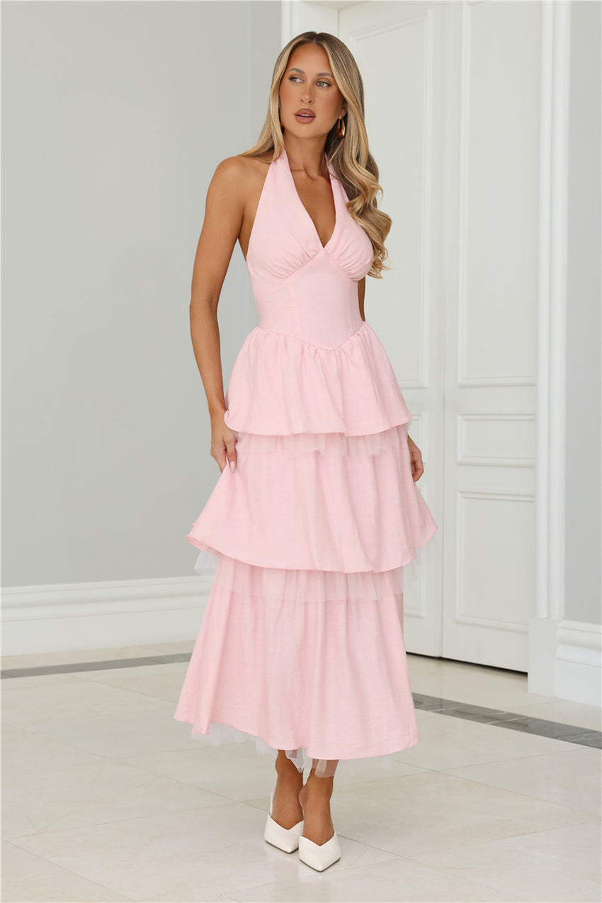 Twinkle Into Night Tulle Halter Maxi Dress Pink