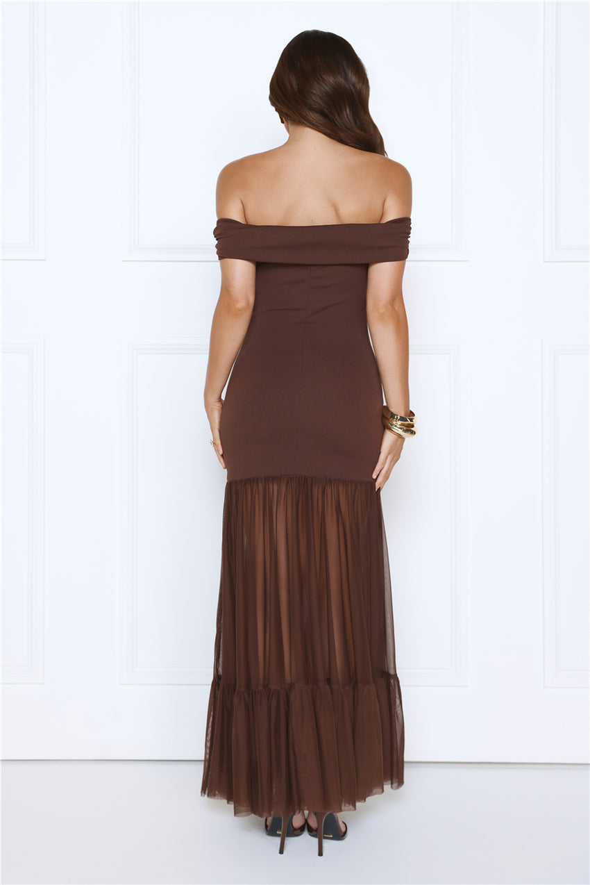 Aurora Radiance Off Shoulder Maxi Dress Brown