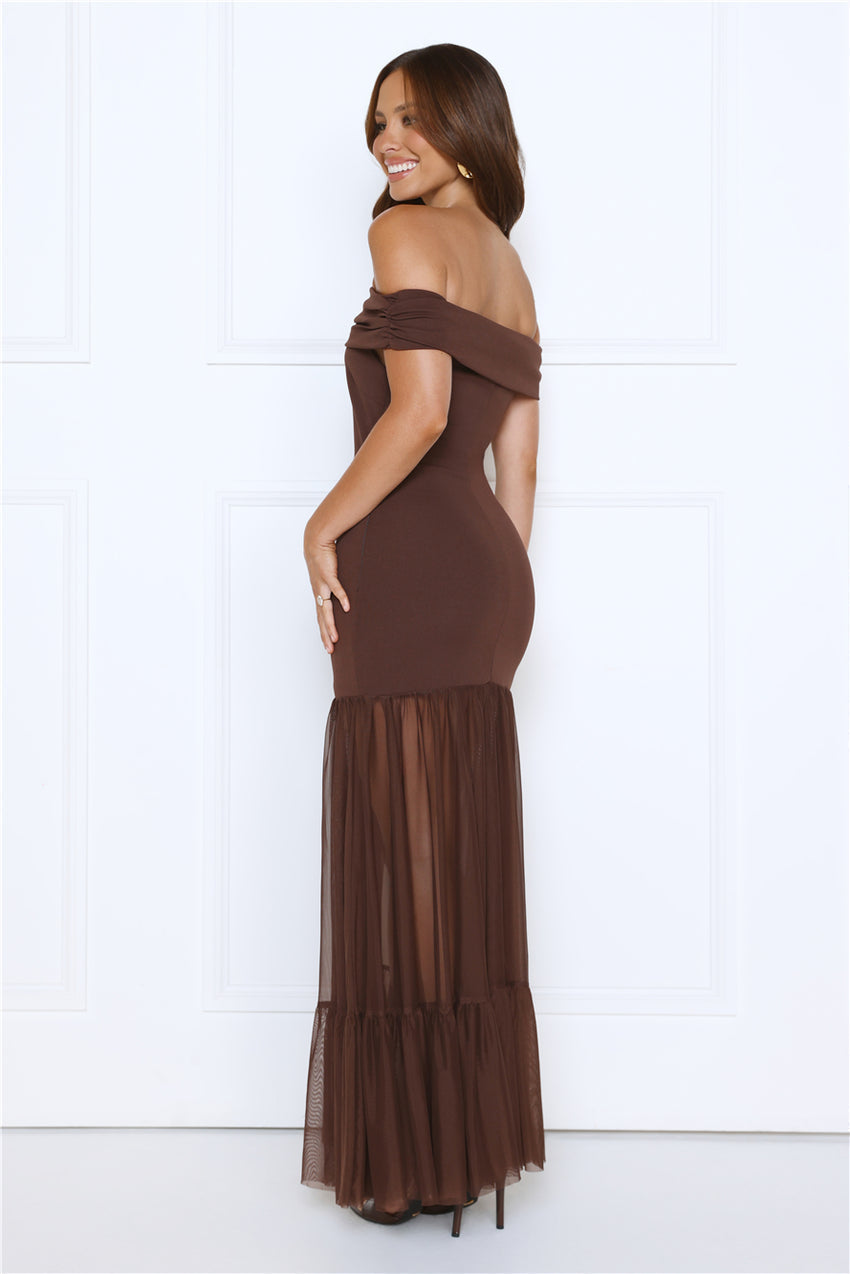 Aurora Radiance Off Shoulder Maxi Dress Brown
