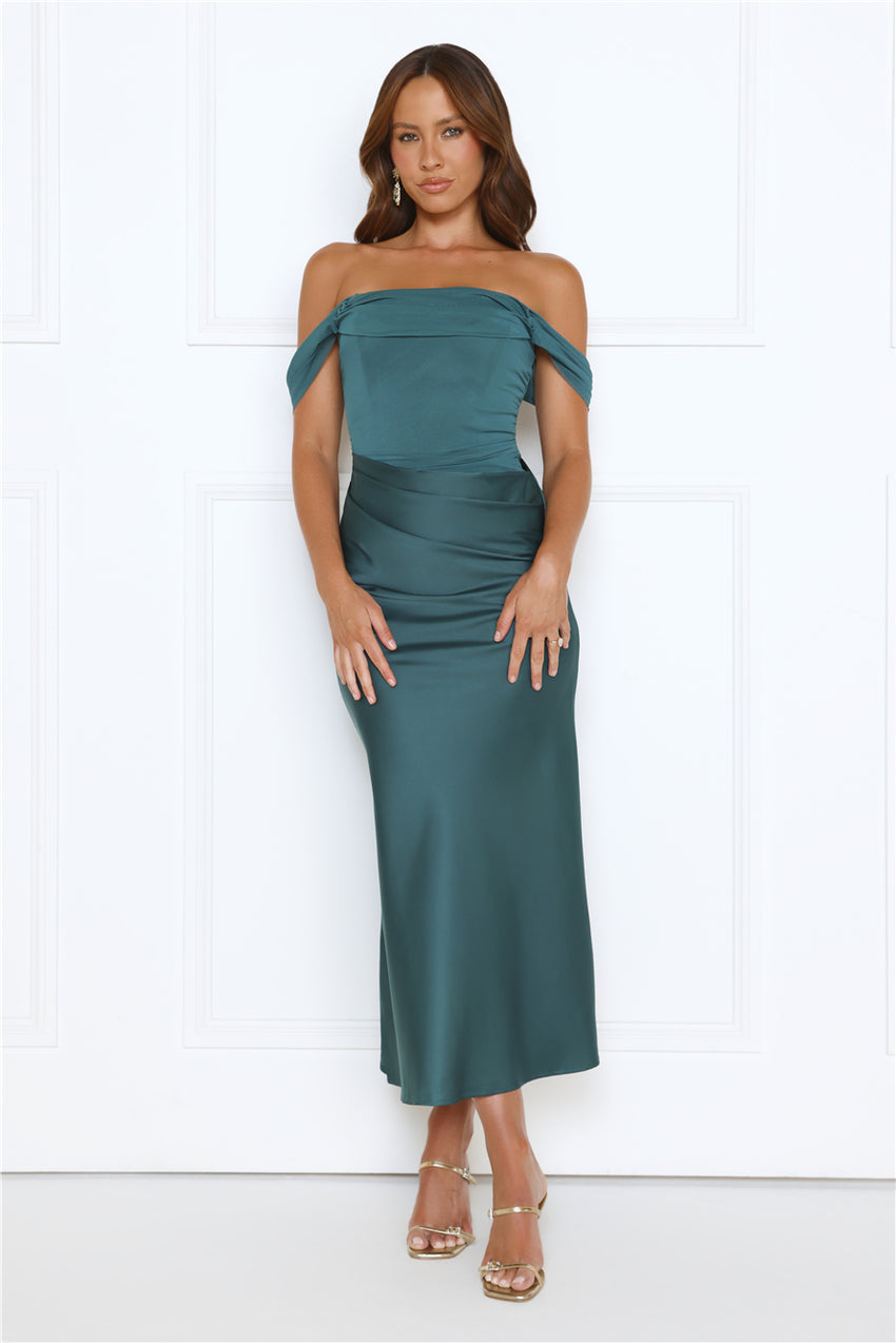 Out Tonight Edit Off Shoulder Mesh Satin Maxi Dress Teal