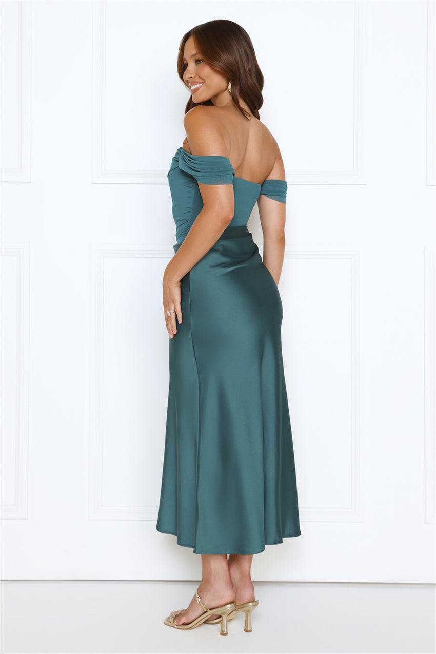 Out Tonight Edit Off Shoulder Mesh Satin Maxi Dress Teal