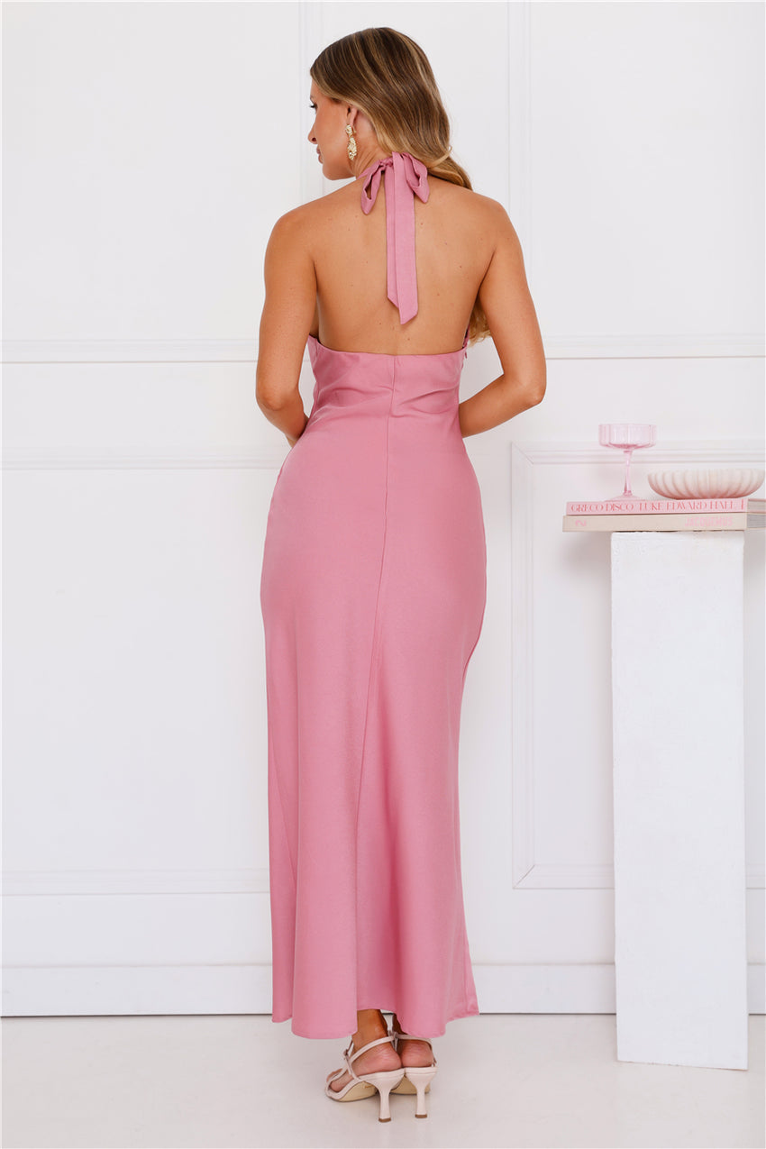 Impeccable Halter Satin Maxi Dress Pink