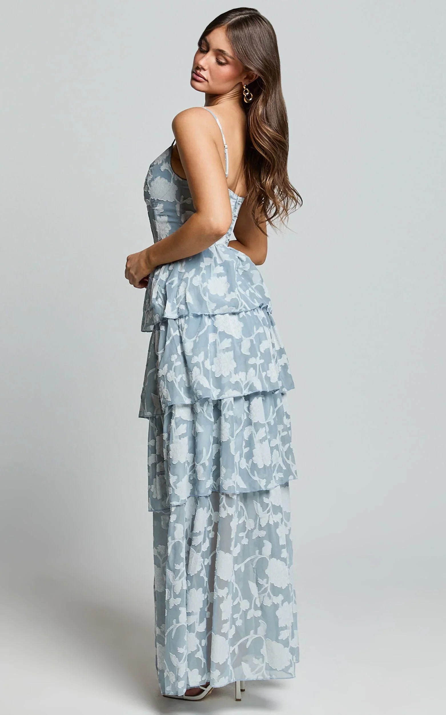 Janezkie Maxi Dress - Femme Tiered Jacquard Formal Dress In Light Blue