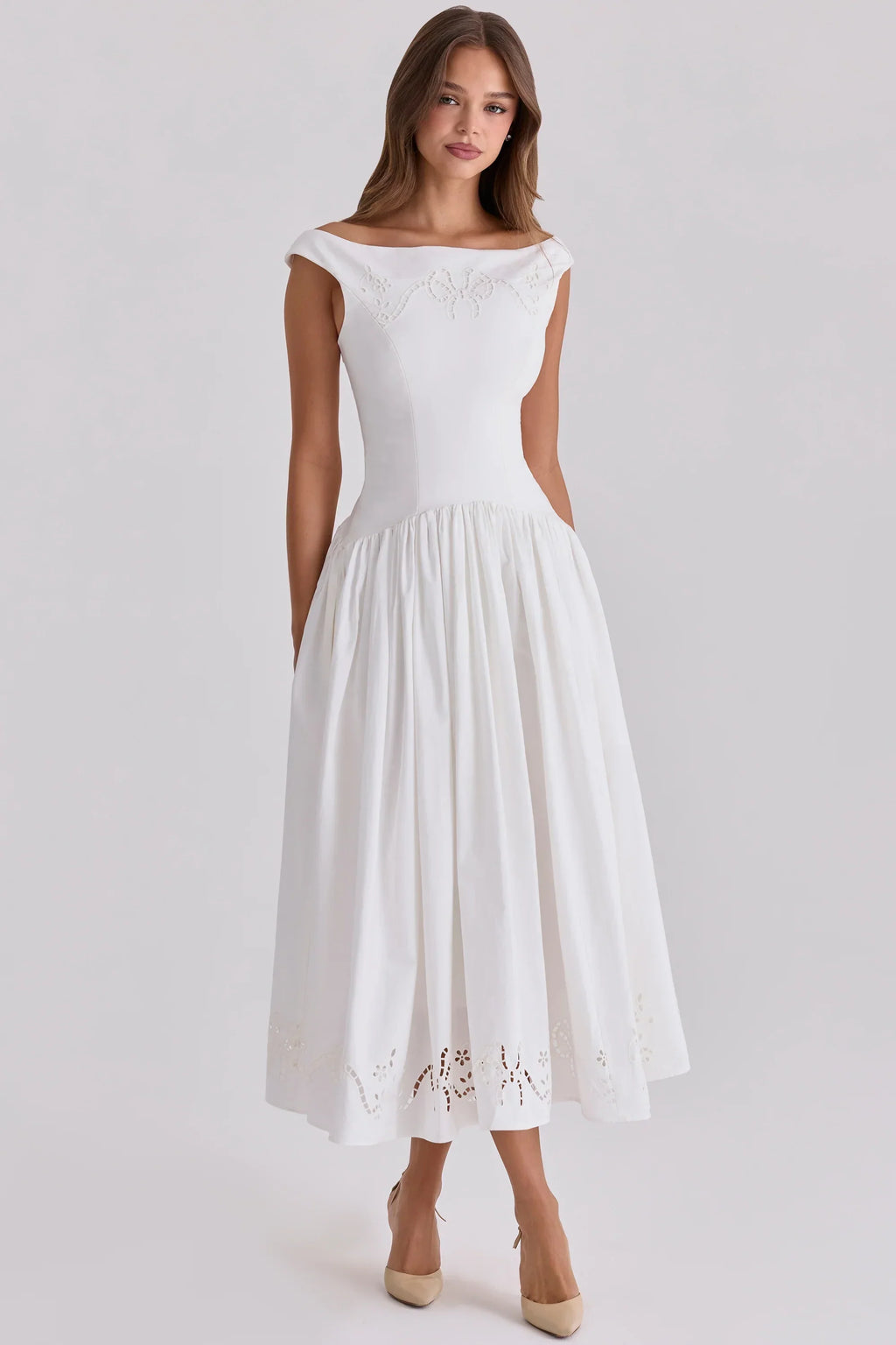 White Cotton Broderie Anglaise Boat Neck Maxi Dress