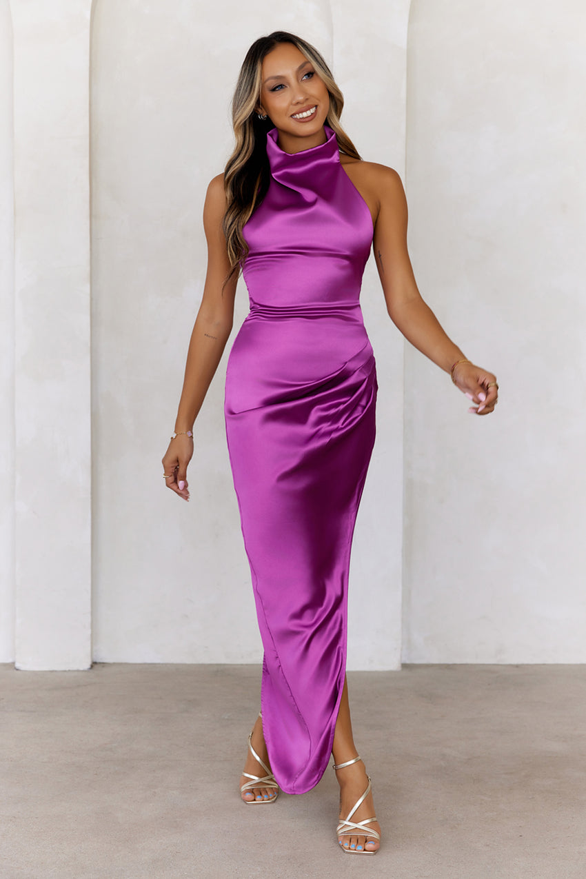 Party In Mexico Satin Halter Maxi Dress Purple