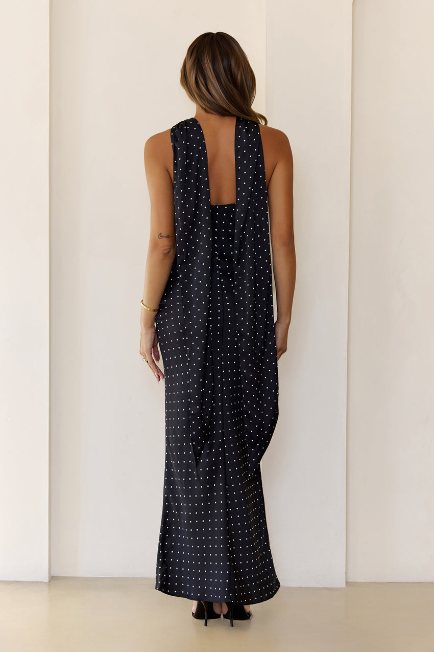 Orchid Dusk Polka Dot Satin Maxi Dress Black