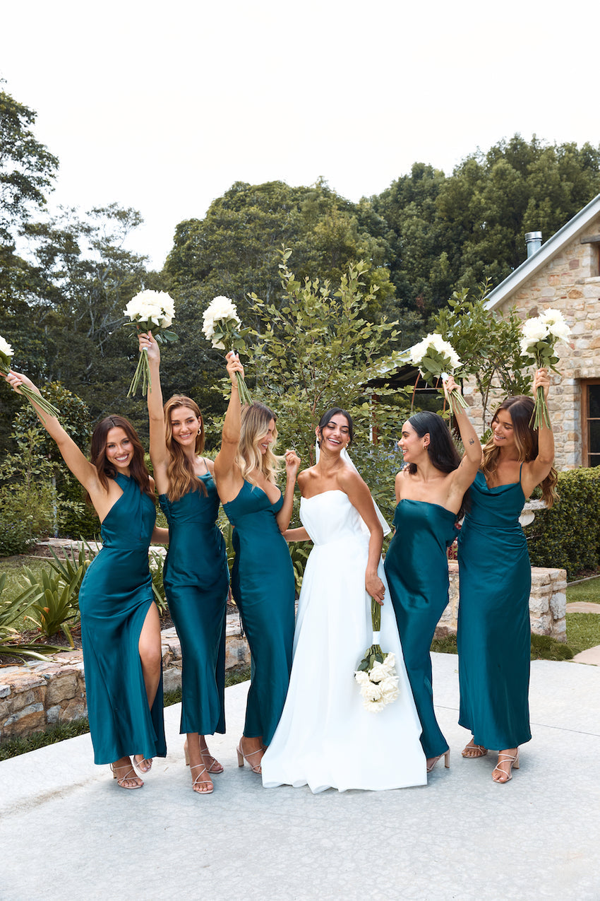 HELLO MOLLY The Madeline Cowl Satin Maxi Dress Teal