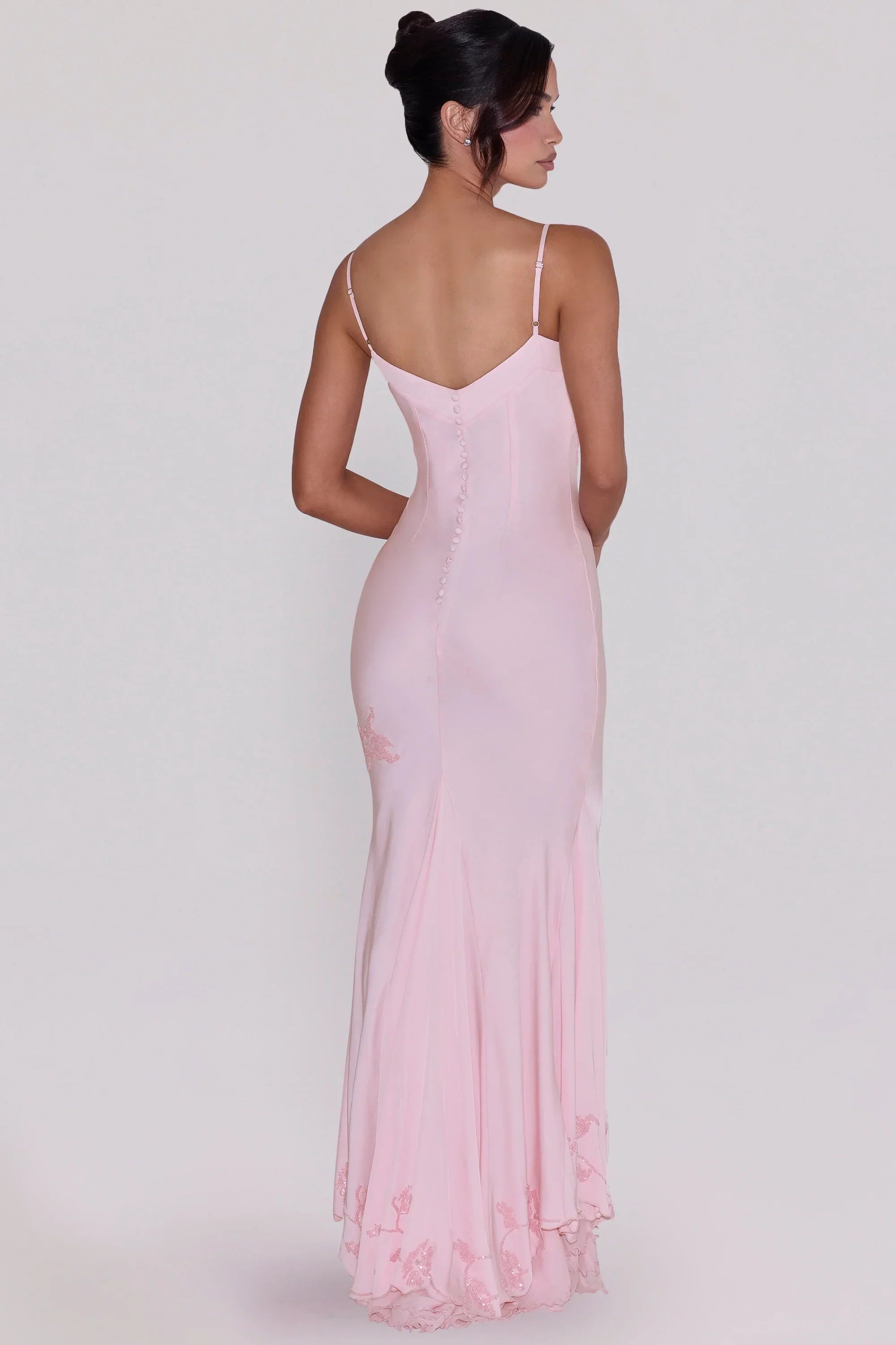 Pink Hand Beaded Embellished Satin Maxi Dress
