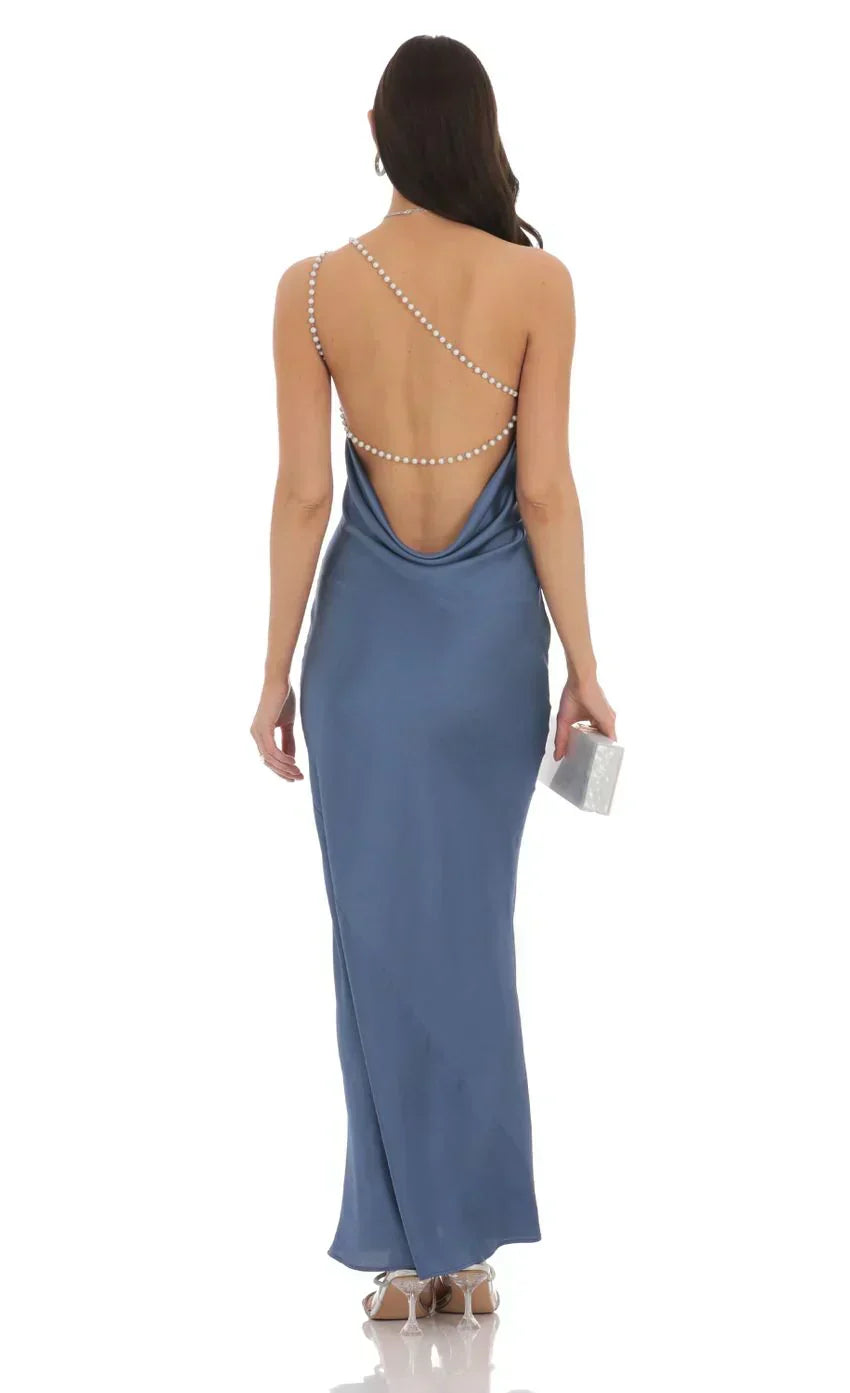 One Shoulder Pearl Satin Maxi Dress In Slate Blue