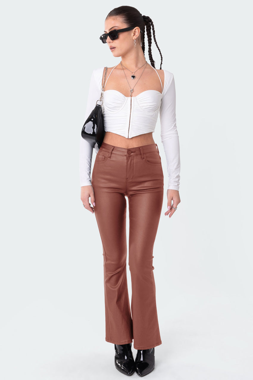 Petite Luna Faux Leather Mid Rise Flared Jeans