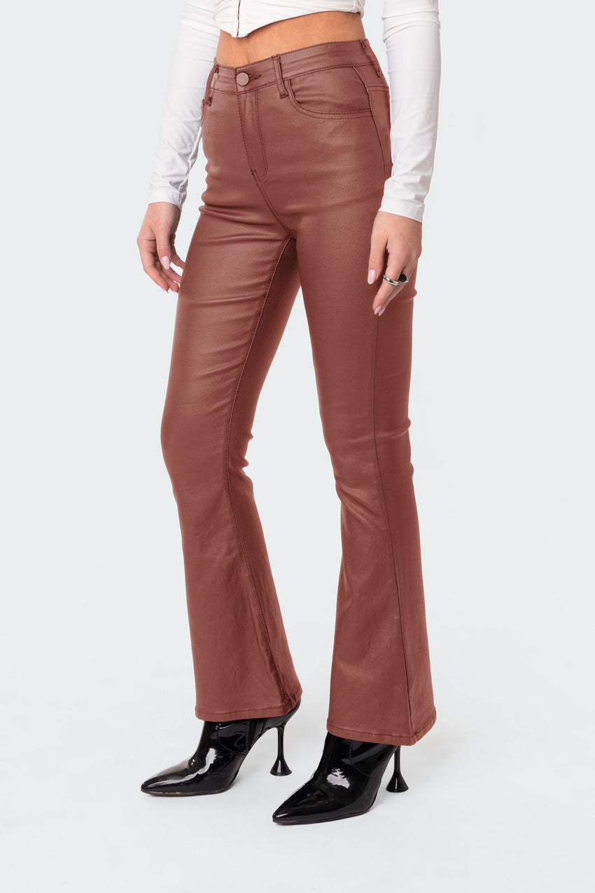 Petite Luna Faux Leather Mid Rise Flared Jeans