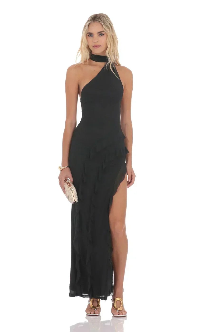 Mesh Halter Scarf Maxi Dress In Black